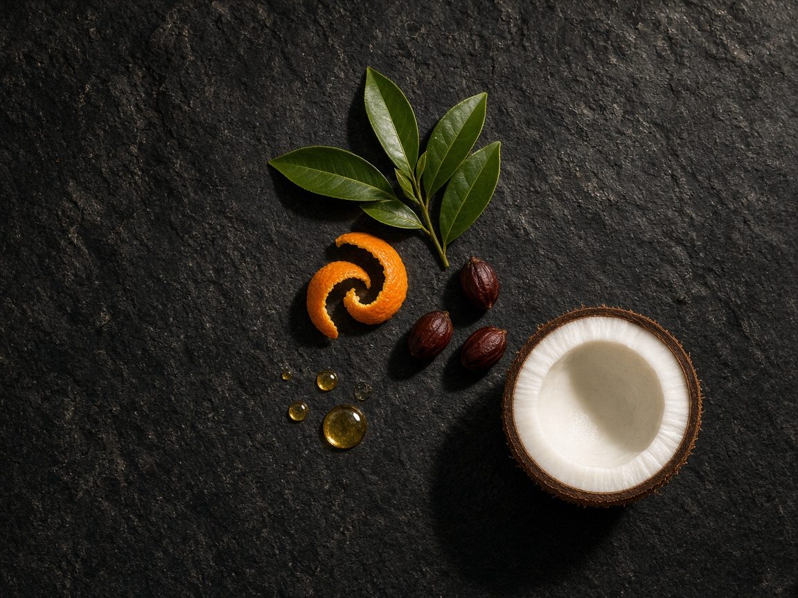 Green tea leaves, orange peel, jojoba seeds and coconut on dark stone