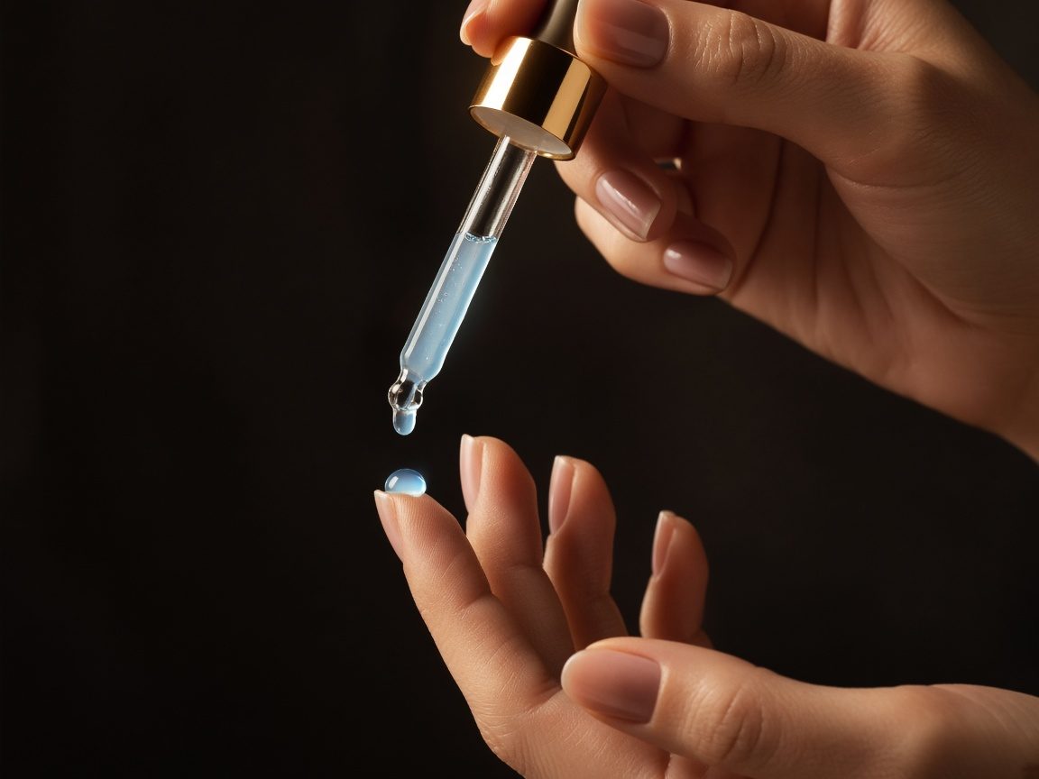 A drop of pale blue copper peptide serum released onto fingertips