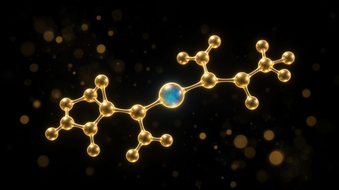 Abstract gold peptide molecule with a copper-blue center