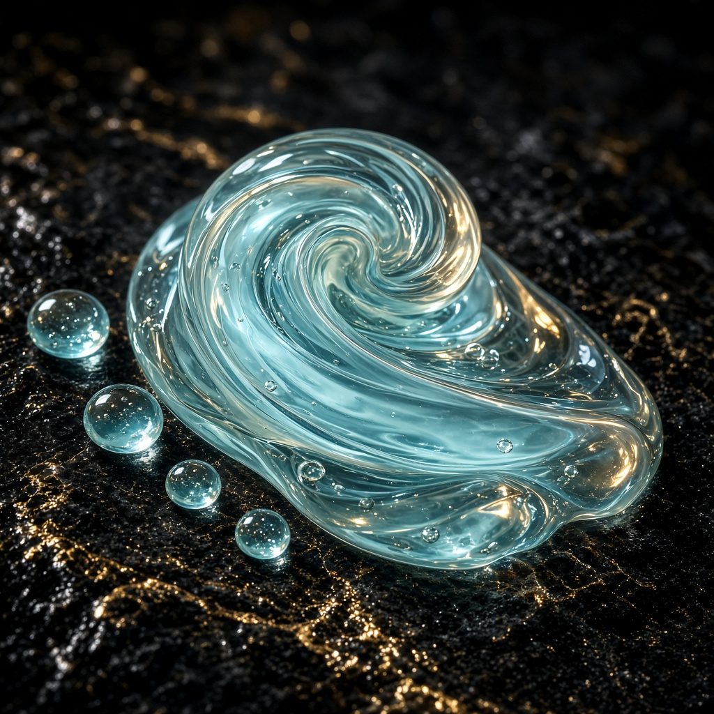 Silky pale blue serum texture on black stone